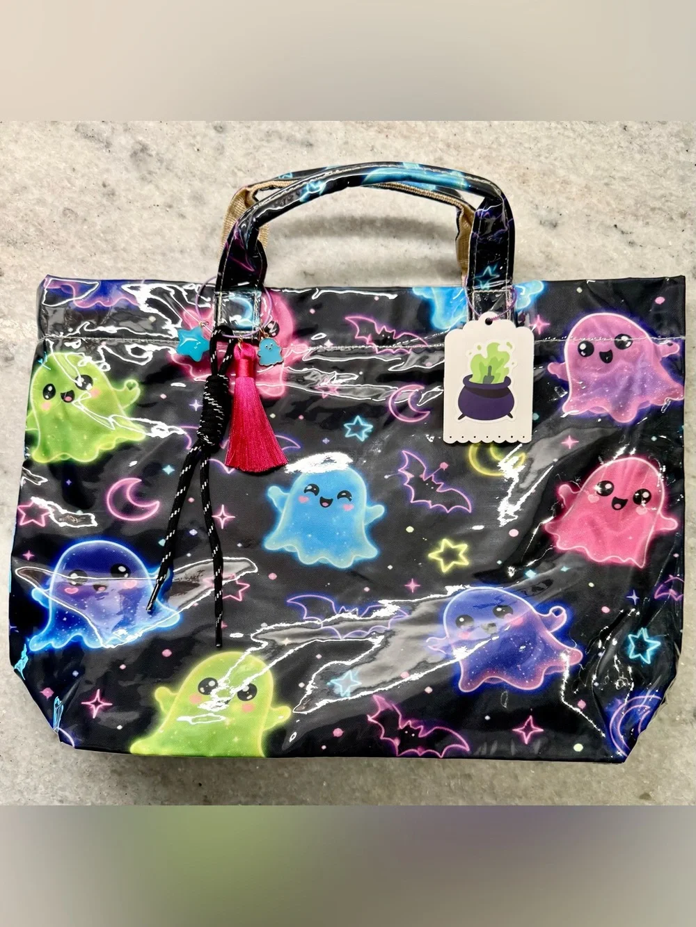 New Halloween Colorful Ghosts & Bats Black PVC Handbag Purse Tote Bag w/ Charm